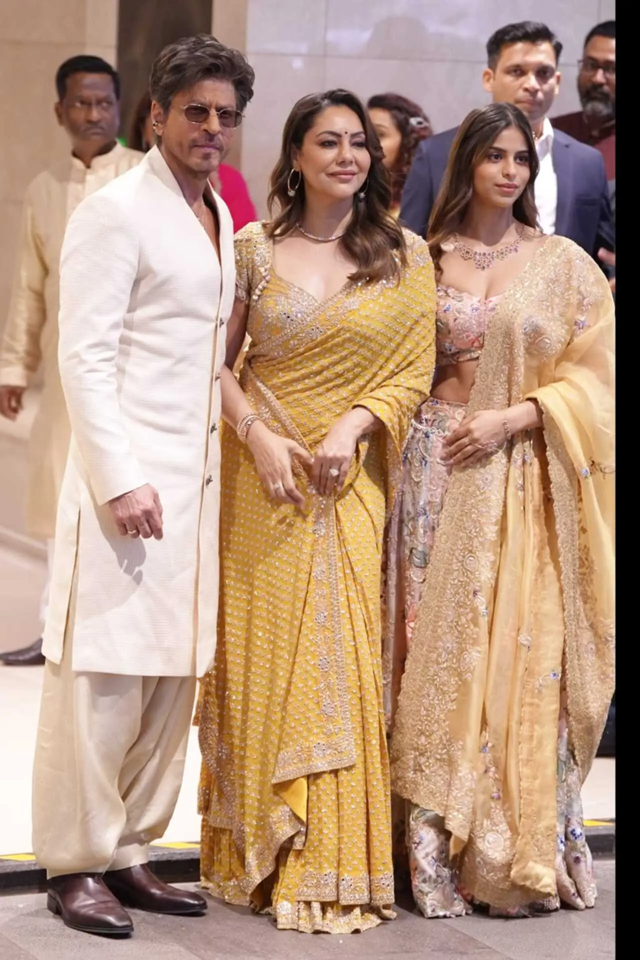 Shah Rukh Khan arrived for the celebration with his wife Gauri and daughter Suhana Khan. While Gauri and Suhana twinned in yellow, King Khan opted for a cream outfit.